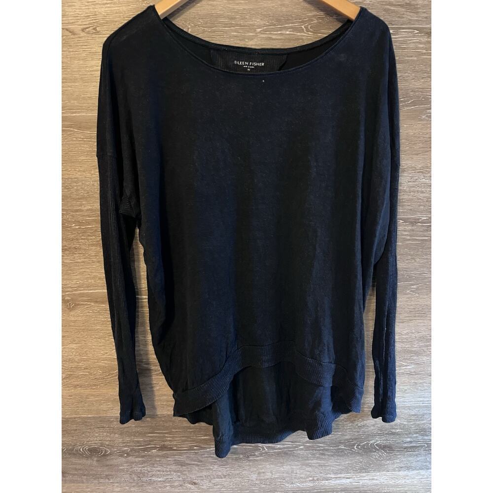 Eileen Fisher Medium 100% Linen Long Sleeve Womens T-Shirt Top Chartreuse Blue